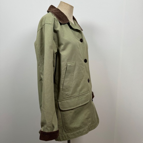 VTG LL Bean Women M Utility Field Barn Jacket Green Canvas Corduroy Chore Coat - Picture 9 of 16